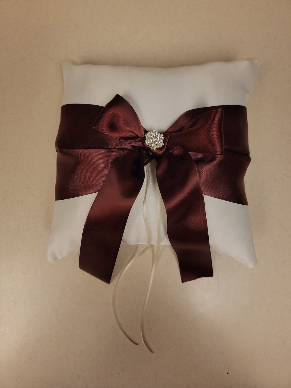 White Satin Ring Bearer Pillow with Burgundy Satin Bow